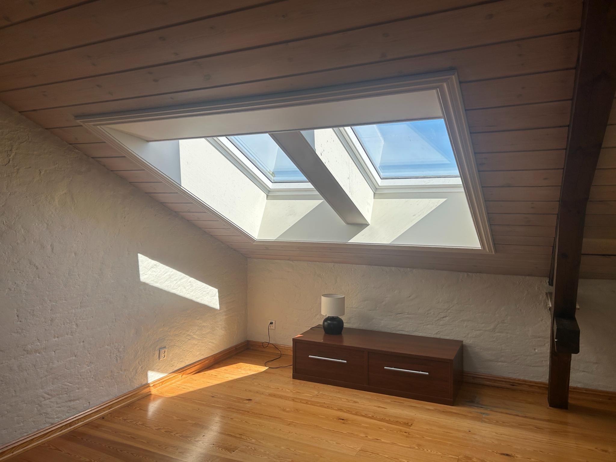 Romslig og gjennomgående stue med skråtak og takvinduer på den ene siden